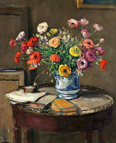 “Flowers and Books on a Table” by Albert André via huariqueje.tumblr.com