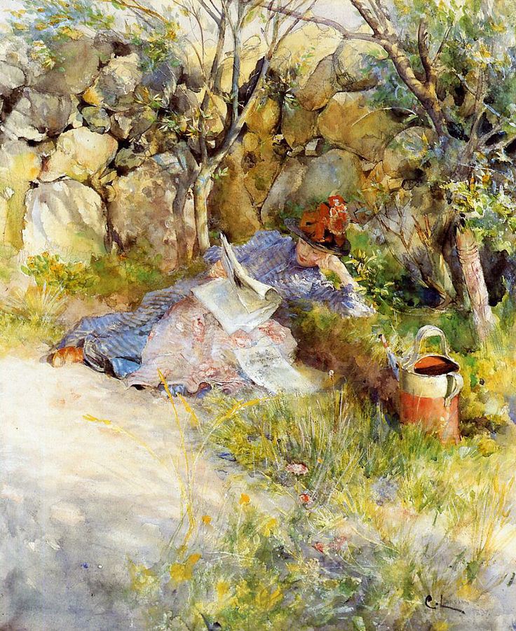 A Lady Reading a Newspaper (1886). Carl Larsson (Swedish, 1853-1919). Watercolor on paper