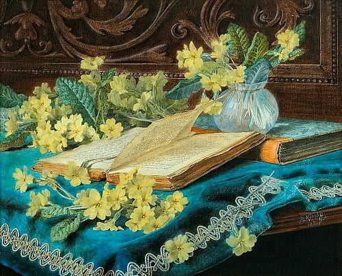 “Still Life with Books and Flowers” by Marga Toppelius-Kiseleff via stilllifequickheart.tumblr.com